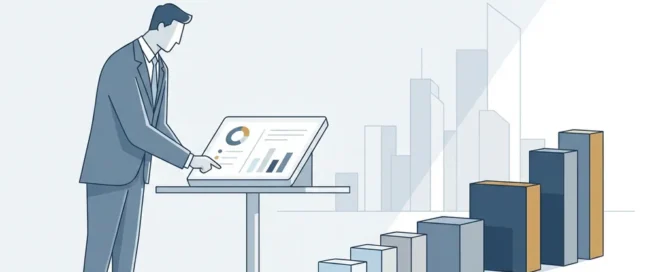 B2B-klant in pak analyseert minimalistisch feedback-dashboard met klantreisblokken in zakelijke, blauwgrijze illustratiestijl
