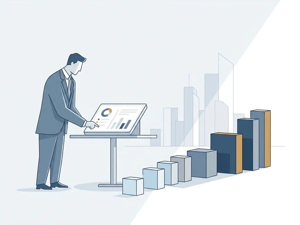 B2B-klant in pak analyseert minimalistisch feedback-dashboard met klantreisblokken in zakelijke, blauwgrijze illustratiestijl