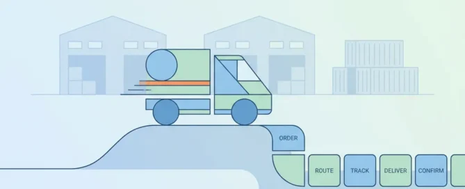 Minimalistische blauwe bezorgtruck op weg die overgaat in verbonden appmodules, met abstract magazijn op achtergrond