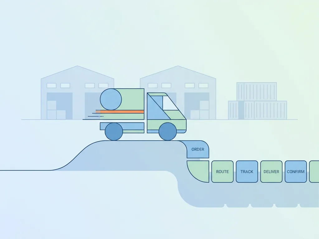 Minimalistische blauwe bezorgtruck op weg die overgaat in verbonden appmodules, met abstract magazijn op achtergrond