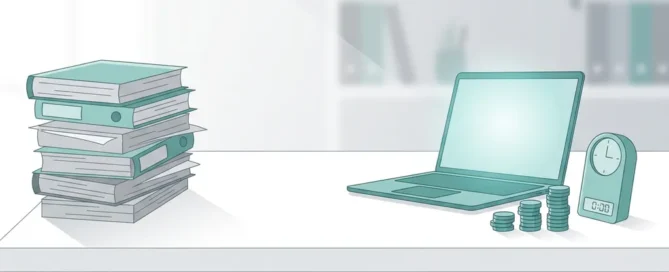 Wit bureau met rommelige papierstapel naast laptop en muntstapel als staafdiagram, symbool voor tijd- en kostenbesparing