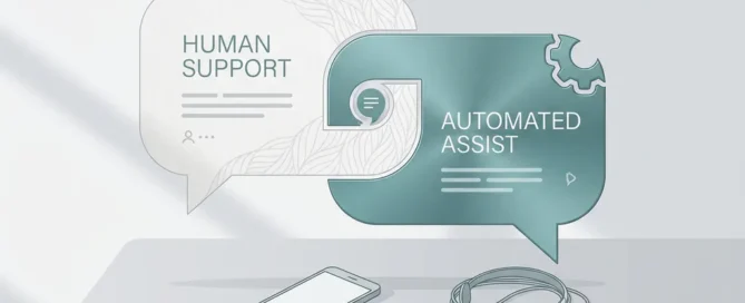 Minimalistische chatinterface met papieren en metalen spraakballon, headset en smartphone op bureau, symbool voor klantenservice en automatisering