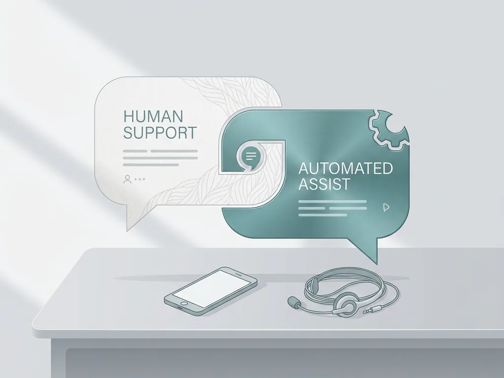 Minimalistische chatinterface met papieren en metalen spraakballon, headset en smartphone op bureau, symbool voor klantenservice en automatisering