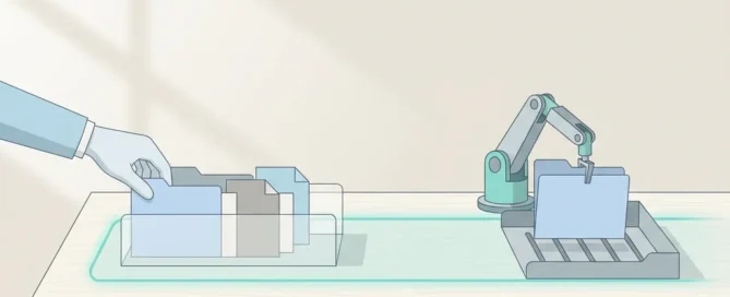 Minimalistische workflow: menselijke hand en robotarm ordenen mappen in één gestroomlijnde, geautomatiseerde documentenlijn