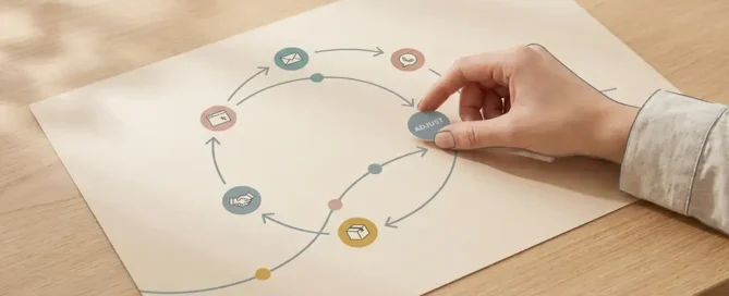 Hand die een marker verplaatst op een cirkelvormige customer journey map op een minimalistisch bureau in zachte neutrale tinten