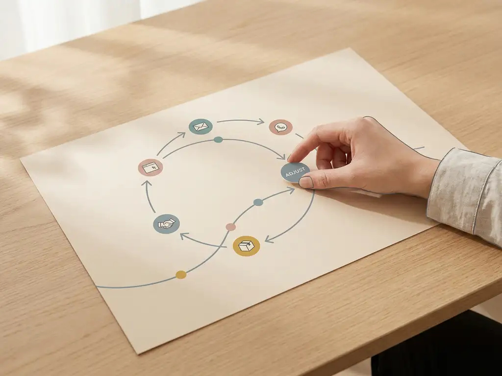 Hand die een marker verplaatst op een cirkelvormige customer journey map op een minimalistisch bureau in zachte neutrale tinten