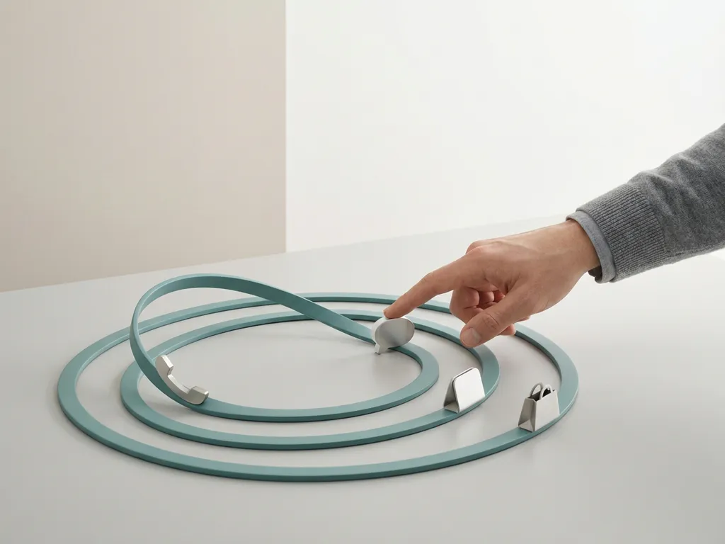 Minimalistische customer journey map op bureau, hand verplaatst icoon bij telefoon, chat en shoppingbag op teal luspad