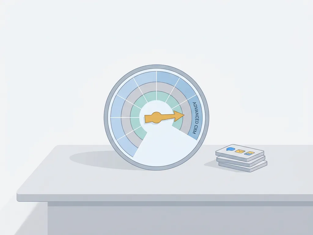 Minimalistische CXM-maturity snelheidsmeter met wijzer in hoge zone naast strakke metriekkaarten op lichte, rustige achtergrond