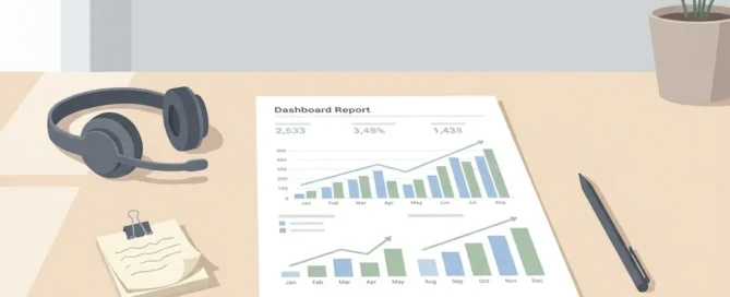Minimalistisch bureau met groot dashboardrapport, headset, geordende notities en pen in rustige, lichtblauwe datavisualisatieomgeving