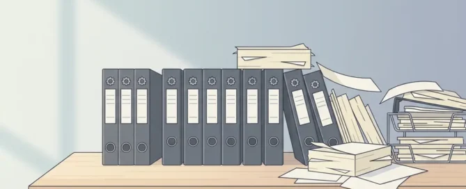 Strak bureau met ordners die links geordende, geautomatiseerde workflows tonen en rechts rommelige, inefficiënte papieren processen