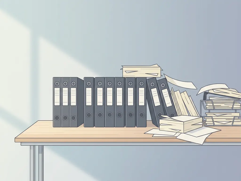Strak bureau met ordners die links geordende, geautomatiseerde workflows tonen en rechts rommelige, inefficiënte papieren processen