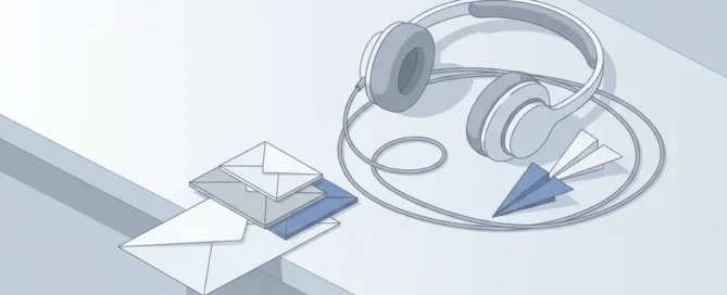 Minimalistische robotheadset op leeg bureau, kabel verstrengeld met vergeten enveloppen en berichteniconen in zachte grijs-witte tinten