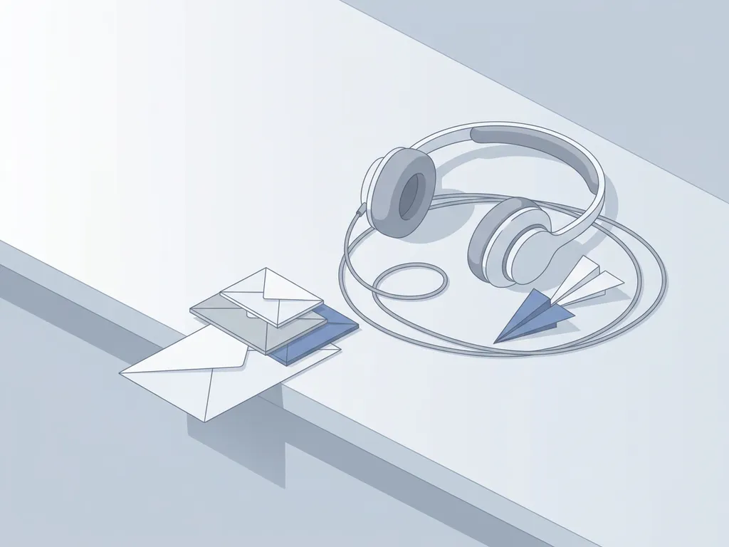 Minimalistische robotheadset op leeg bureau, kabel verstrengeld met vergeten enveloppen en berichteniconen in zachte grijs-witte tinten