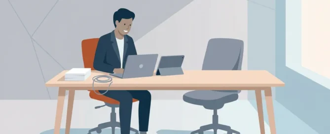 Zelfverzekerde professional aan modern bureau beheert laptop en tablet, met nette kabels en papieren, zonder zichtbare IT-ondersteuning