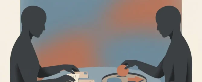 Twee gestileerde personen delen tafel met brieven en emotionele klantreis-iconen in minimalistische, moderne stijl