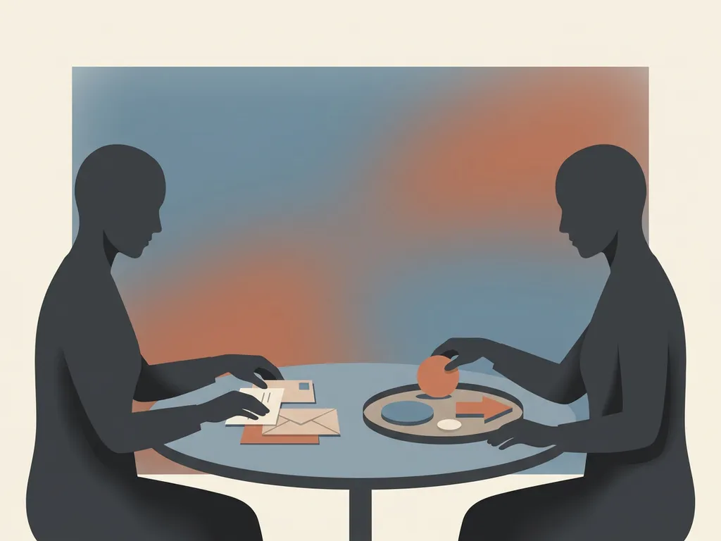 Twee gestileerde personen delen tafel met brieven en emotionele klantreis-iconen in minimalistische, moderne stijl