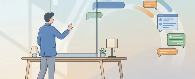Minimalistisch klantenservice-dashboard op glazen paneel, medewerker begeleidt georganiseerde chatbubbels in rustige kantooromgeving