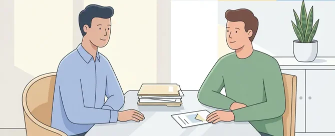Klant en vriendelijke medewerker bespreken documenten aan licht, strak bureau in moderne, minimalistische kantoorruimte