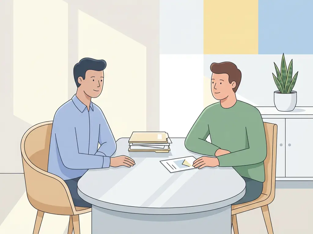Klant en vriendelijke medewerker bespreken documenten aan licht, strak bureau in moderne, minimalistische kantoorruimte