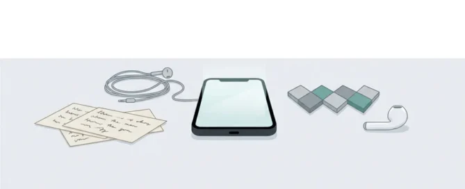 Smartphone als centraal punt tussen chaotische notities en headset links en strak CX-platform met tegeliconen en oordopje rechts