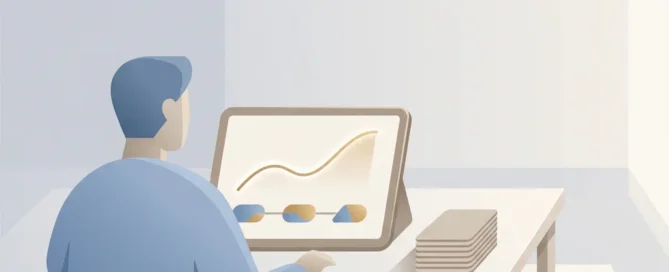 Persoon aan minimalistisch bureau bekijkt tablet met stijgende grafiek en klanticonen, symbool voor groeiende klantretentie