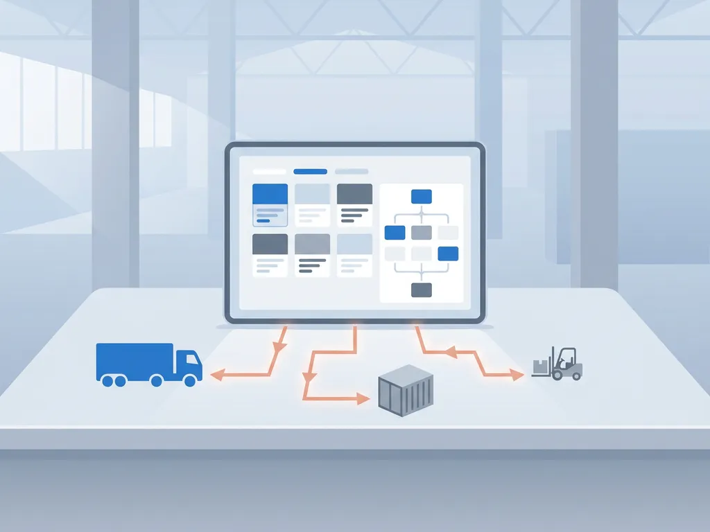 Minimalistisch logistiek dashboard met tablet, verbindingslijnen naar icoon-vrachtwagen, container en pallet in moderne magazijnsetting