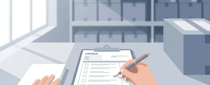 Hand vinkt orderformulier af op clipboard op strak magazijnbureau, met nette papieren en rekken vol uitgelijnde dozen op de achtergrond