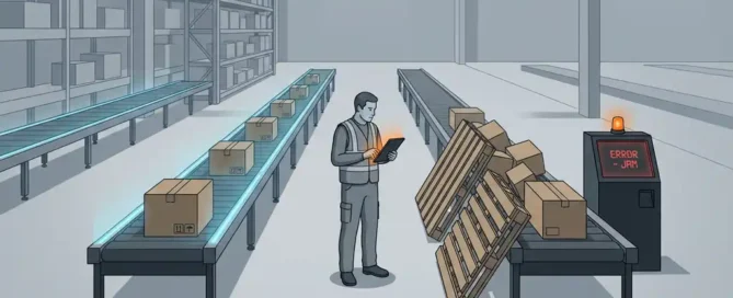 Magazijnmedewerker met tablet bekijkt goed lopende en vastgelopen transportbanden in moderne, minimalistische opslaghal