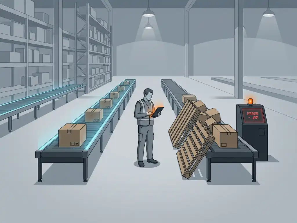 Magazijnmedewerker met tablet bekijkt goed lopende en vastgelopen transportbanden in moderne, minimalistische opslaghal
