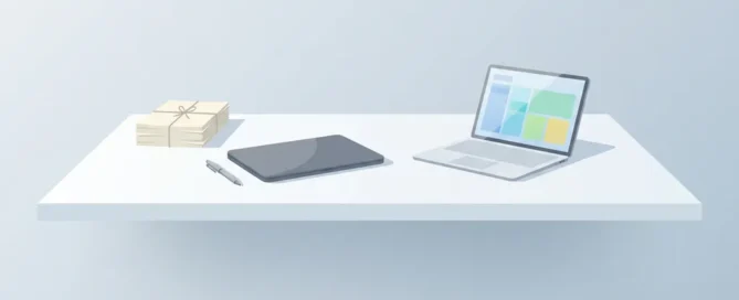 Minimalistisch bureau met papieren, pen en gesloten laptop links en open tablet met blokkeninterface rechts in rustige blauwe tinten