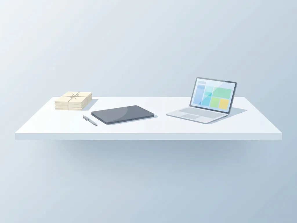 Minimalistisch bureau met papieren, pen en gesloten laptop links en open tablet met blokkeninterface rechts in rustige blauwe tinten