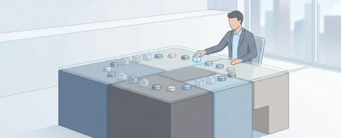 Modulaire blauwe en grijze controledesk met glazen blad, manager verplaatst kubus in rustig, licht kantoor met stadssilhouet
