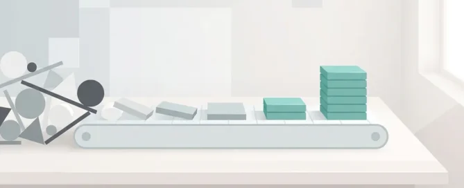 Minimalistische transportband ordent chaotische vormen tot nette teal blokken in rustige, moderne werkruimte met zachte belichting