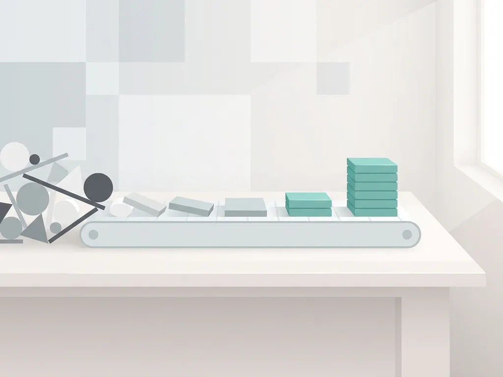 Minimalistische transportband ordent chaotische vormen tot nette teal blokken in rustige, moderne werkruimte met zachte belichting