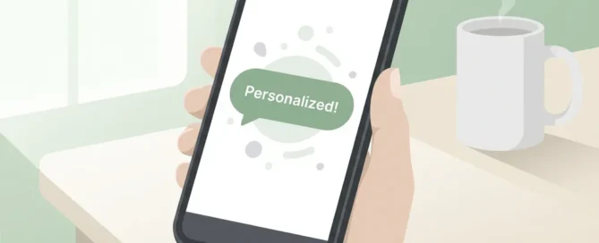 Smartphone met gepersonaliseerd chatvenster op licht bureau naast keramische mok, minimalistisch en rustig ontwerp