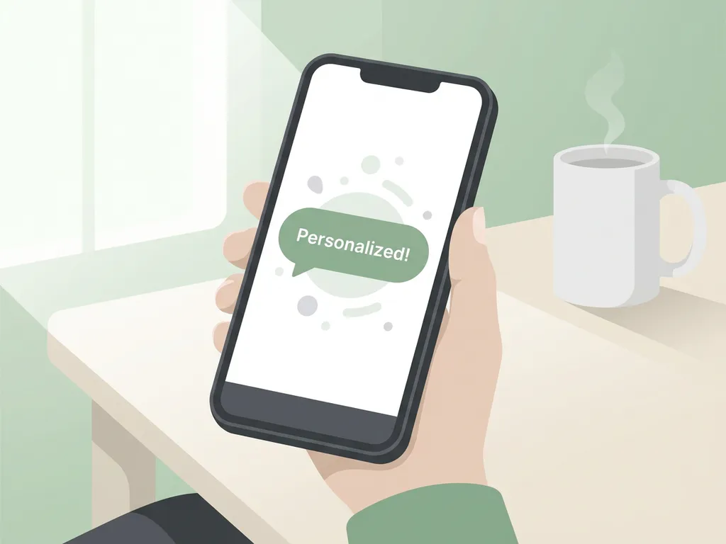 Smartphone met gepersonaliseerd chatvenster op licht bureau naast keramische mok, minimalistisch en rustig ontwerp