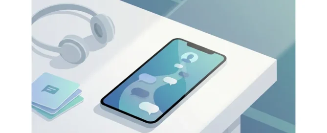 Smartphone met chatinterface op wit bureau, naast headset en kaartjes, in minimalistische digitale klantenservice-illustratie