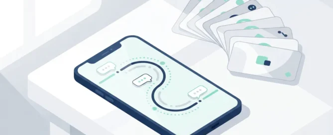 Smartphone met klantreis op het scherm en gebogen stapel kaarten, minimalistisch ontwerp voor georganiseerde klantcontactmomenten