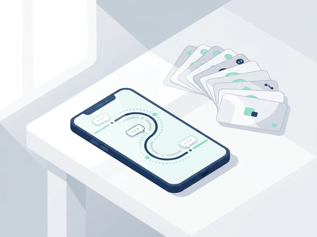 Smartphone met klantreis op het scherm en gebogen stapel kaarten, minimalistisch ontwerp voor georganiseerde klantcontactmomenten