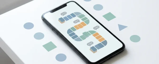 Strakke smartphone op wit bureau met gekleurde trajectlijn, chatbubbels als waypoints en zachte vormen voor klantsegmentatie