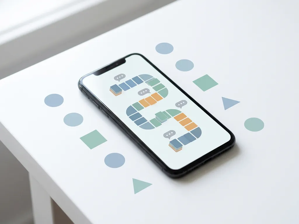 Strakke smartphone op wit bureau met gekleurde trajectlijn, chatbubbels als waypoints en zachte vormen voor klantsegmentatie