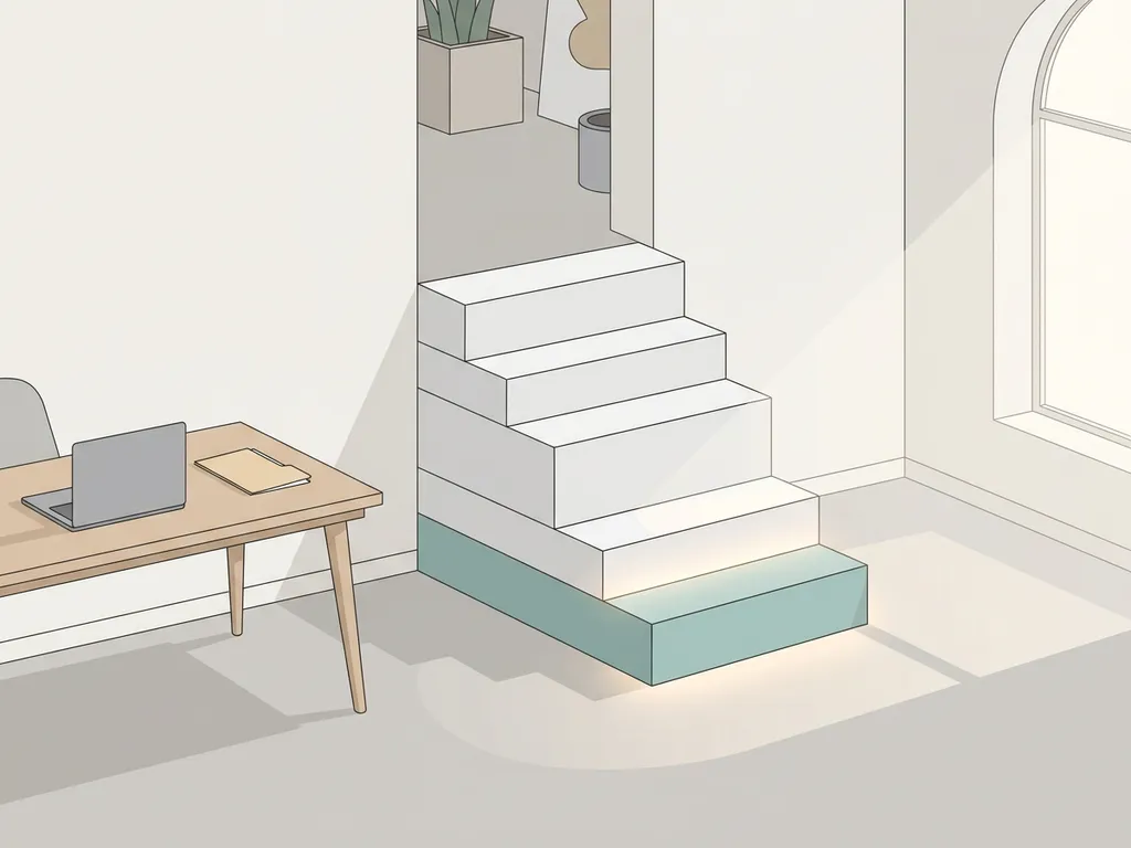 Witte minimalistische trap in rustige kantoorruimte, eerste trede zacht verlicht, met strak bureau en laptop op de achtergrond