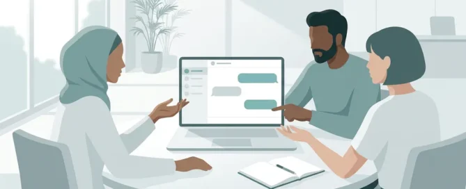Drie collega’s volgen een AI-chat training rond één laptop in een rustige, moderne kantoorruimte