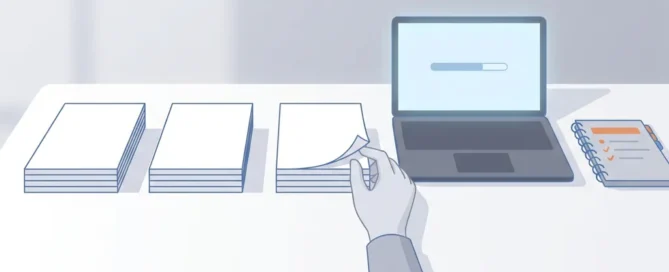Hand die papierstapel naar laptop en checklist schuift op strak wit bureau, minimalistisch en rustig kantoorontwerp