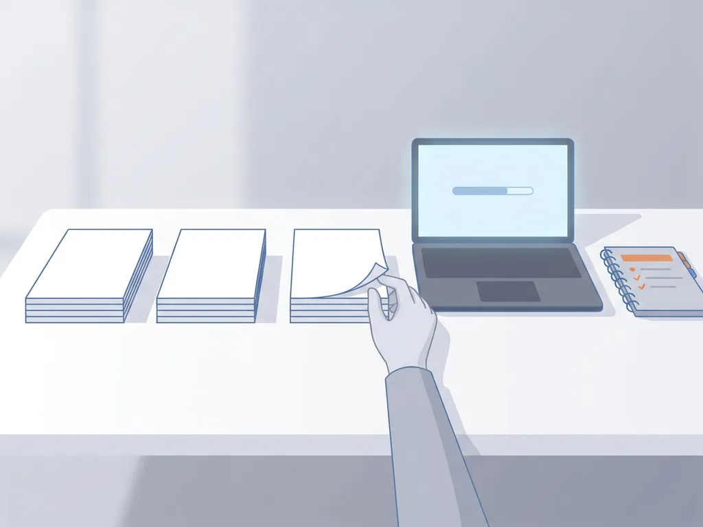 Hand die papierstapel naar laptop en checklist schuift op strak wit bureau, minimalistisch en rustig kantoorontwerp