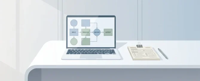 Minimalistisch bureau met laptopworkflow en kleine stapel formulieren, symbool voor gestroomlijnde digitale bedrijfsprocessen