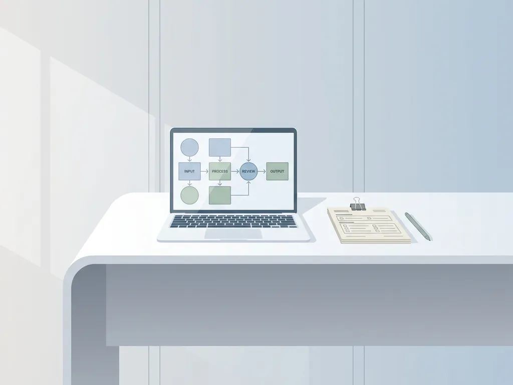 Minimalistisch bureau met laptopworkflow en kleine stapel formulieren, symbool voor gestroomlijnde digitale bedrijfsprocessen