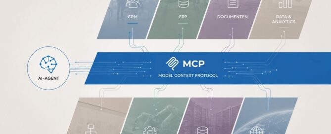 Illustratie van een AI-agent die via het Model Context Protocol (MCP) verschillende bedrijfssystemen zoals CRM, ERP, documenten, analytics, workflows, automation en databases met elkaar verbindt.